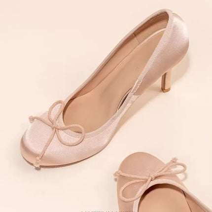 French Style Women Shoes Luxury Silk Bow Thin Heel Single Shoe Classic Round Toe Shallow Mouth High Heels for Women Ballet Pumps