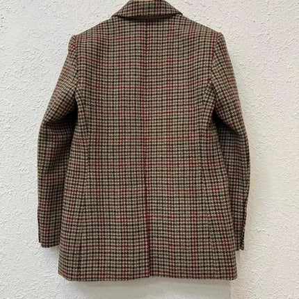 Women's Brown Houndstooth Blazer Retro Oversized Mid-Length Button Down Jacket Streetwear