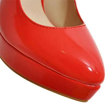 Big Size Elegant Office Women Platform Pumps 12cm Super High Thin Heels Wedding Party Pointed Toe Red Patent Leather Dress Pumps