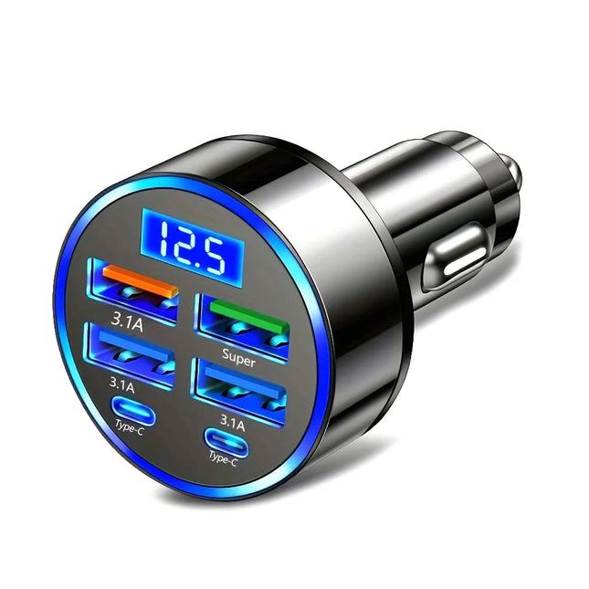 6-in-1 Fast Charging Car Adapter 3.1A Dual Type-C Digital Display Smartphones Tablets Power Banks Black