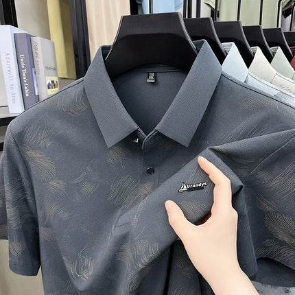 Slim Fit Feather Pattern Polo For Men Embroidered Logo Short Travel Family Gathering And Casual Dating Garment