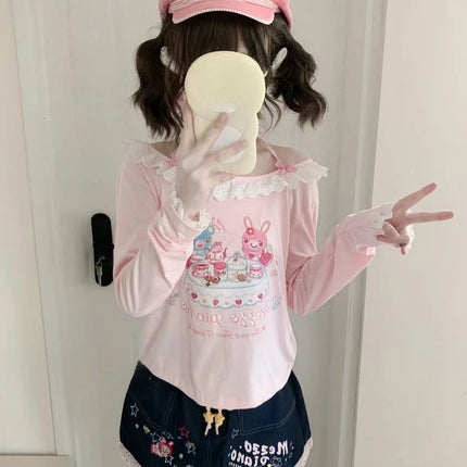 Japanese Girls Cartoon Printing Halter T-shirt Harajuku Grunge Kawaii Cute Loose Tees Women Y2k Aesthetic Lace Patchwork Tops
