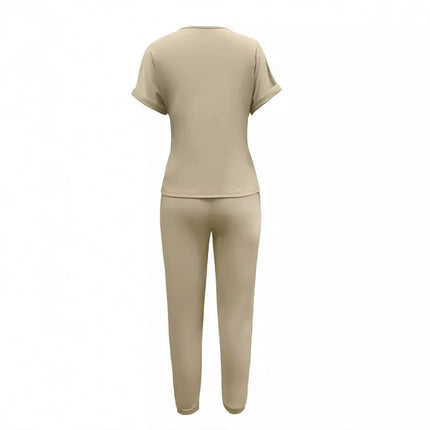 Pant Set Women Two Piece Sets Round Neck Short Sleeve Shirt Long Pants Lace Up Elastic Waist Y2k Streetwear Work Causal 2026
