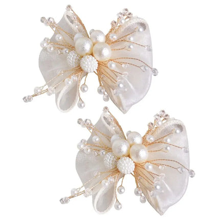 2PC Double Layered Bow Pearl Shoe Clip French style Removable Shoe Charms Buckle Elegant Bride Shoes Decoration High Heel