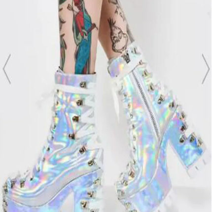 Size 47 Women Sliver Laser Shiny Patent Leather Cross Tied Lace Up Round Toe Platform Chunky Heels Ankle Boots Punk Short Boots