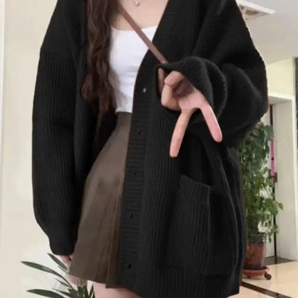 Loose Cardigan Women Long Sleeve V-neck Knitted Black Slouchy All-match Female Autumn Winter Coats Korean Chic Baggy Tops MLQ9