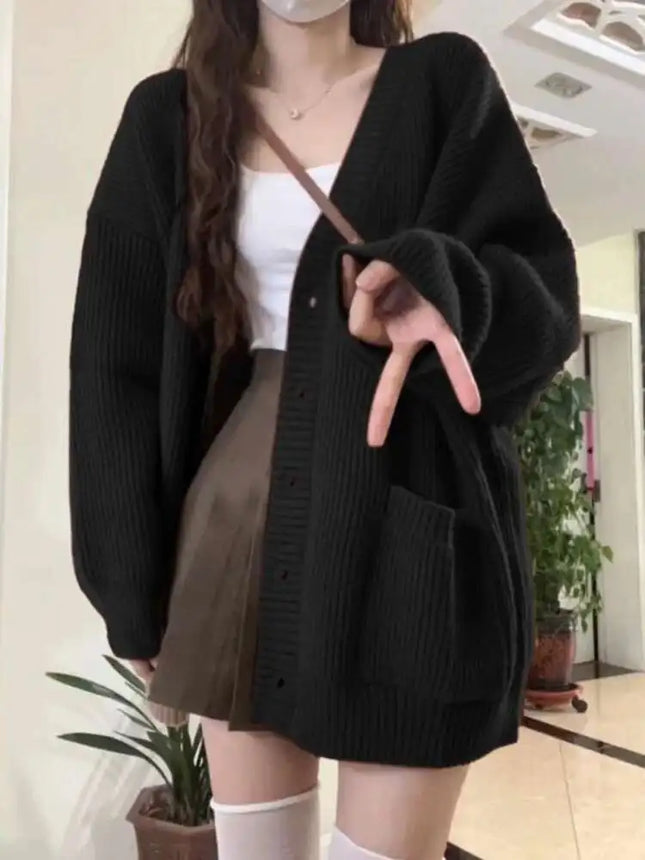 Lockerer Cardigan Damen Langarm V-Ausschnitt Strick Schwarz Oversize Allround-Damen-Herbst-Wintermäntel Korean Chic Weite Oberteile MLQ9