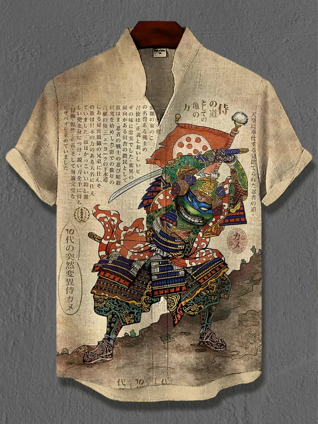 Camisa de lino para hombre con estampado retro peculiar de gato, manga corta, cuello mao, a la moda, para uso casual al aire libre o fiestas