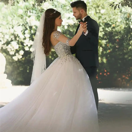 Saidmhamad Sheer Sweetheart Heavy Crystals Ball Gowns Long Sleeves Wedding Dress Bridal Dress vestido de noiva