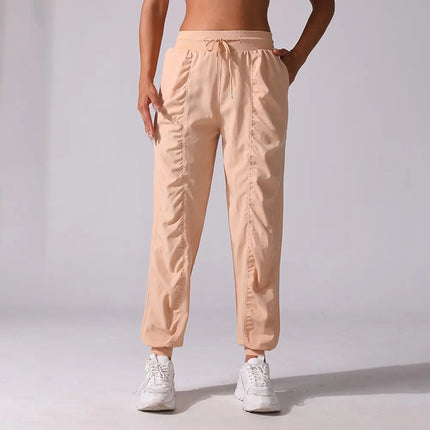 Sweatpants Fabric Drawstring Running Sport Joggers Women Quick Dry Athletic Gym Fitness with Two Side Pockets Exercise Pants