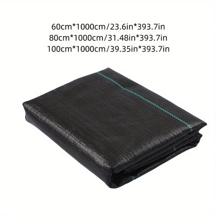 Folded black woven weed barrier with size specifications listed above