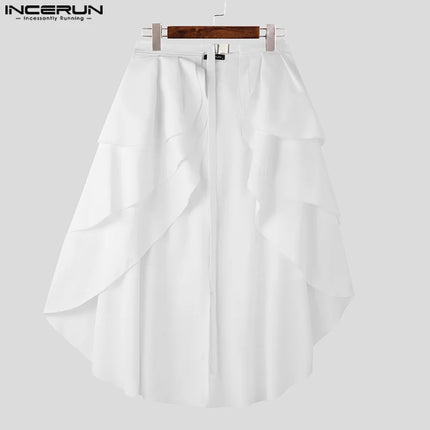 INCERUN American Style Pantalons Stylish Men Ruffled Double Layered Half Skirt Pants Casual Clubwear Male Solid Lace Up Trousers