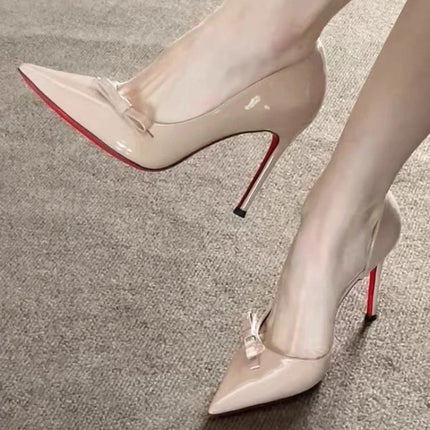 Side Empty Single Shoes Autumn New Pointed Toe Shallow Mouth Bow Slip-on Anti-Slip Wear-Resistant High Heels