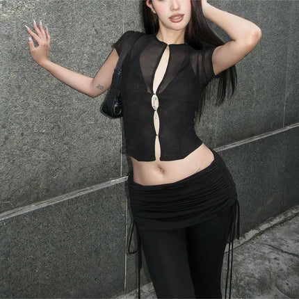 Summer Y2K Sexy Club Party Sheer Mesh Solid Slim Fit Cropped Hook Eye Corset Round Neck Short Sleeve T-shirt