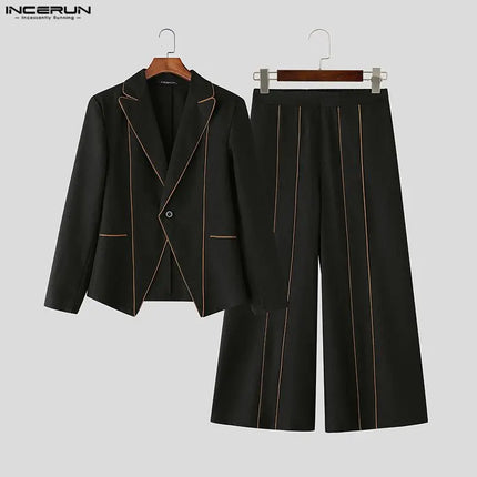 INCERUN Men Sets Patchwork Elegant Long Sleeve Blazer & Wide Leg Pants Two Pieces Sets Streetwear Fashion Men's Casual Suits