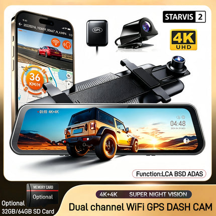10'' 4K Mirror Dash Cam with 4K Backup Camera Dash Cam Front and Rear for Car with Voice Control WIFI GPS ADAS Night Vision