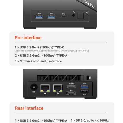 Firebat Am02 Mini Pc Amd Ryzen 5 6600H Cpu 6C/12T up to 4.5Ghz 16Gb Lpddr5 Ram 512Gb Ssd Windows 11 Wifi6 Bt5.2 Gaming Computer