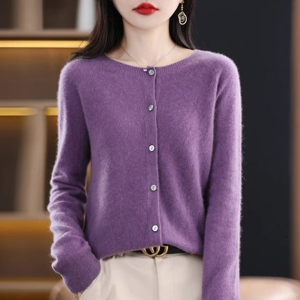 Spring and autumn new women's 100% wool knitted cardigan coat loose O-neck sweater coat fashion solid color coat