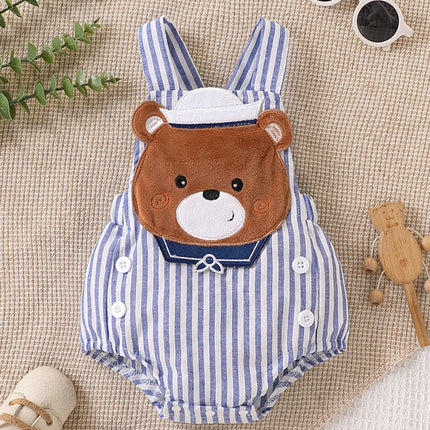 Baby Navy Style Bear Striped Romper with 3D Bear Patch, Cute and Adorable Design, Comfortable and Breathable Summer Jumpsuit