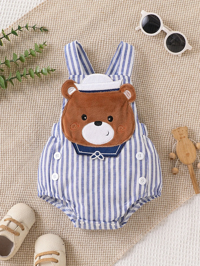 Baby Marine-Stil Gestreifter Strampler mit 3D Bären-Patch, niedliches und bezauberndes Design, bequemer und atmungsaktiver Sommer-Jumpsuit