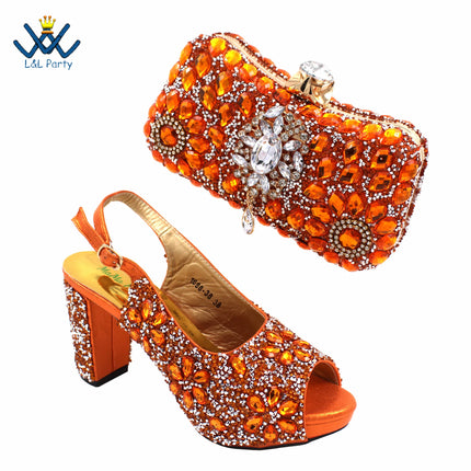 2025 Italian Design Classics Style Shoes and Bag Set in Orange Color INS New Arrivals High Quality Full Crystal with Platform