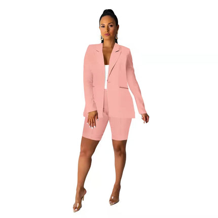 Spring and Autumn Minimalist Style Solid Color Long Sleeved Suit Jacket Fashionable Casual Shorts Set