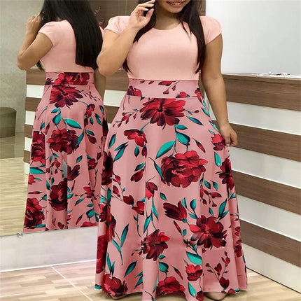 Dress Women Summer bohemain digital printing color matching round neck short sleeve hot style Dresses Casual Vestidos YRW6881