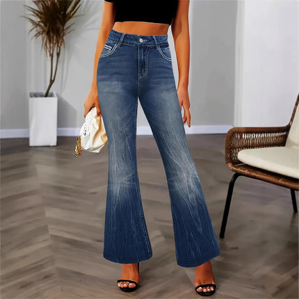 Slimming Micro Flare Pants Polyester Elastic Printed And Embroidered Denim Look Bottoms for Women Elegant Fashionable