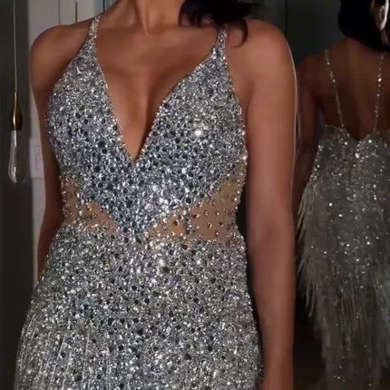 RFYR Shiny Evening Dress with Tassels Luxury Party Dress Prom Dress Beading Party Dress for Women Vestidos De Noche Customized