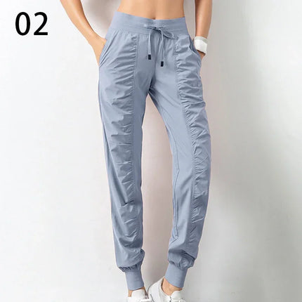 Sweatpants Fabric Drawstring Running Sport Joggers Women Quick Dry Athletic Gym Fitness with Two Side Pockets Exercise Pants