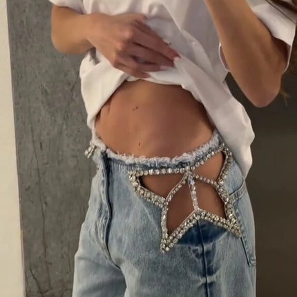 Sexy Women's Jeans Hollow Out Straight Female Denim Pants 2026 Summer Fashion High Street Rhinestone Embellished Lady Trousers