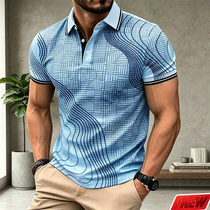 Fashion Wavy Line Graphic Polo Shirt Men Casual Business Handsome Short Sleeve Top Summer Streetwear Colorful 3d Print Lapel Tee