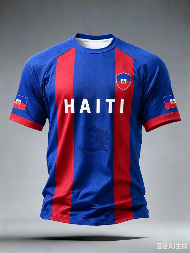 2026 Nueva Camiseta de Fútbol Azul de Haití para Hombre, Cuello Redondo, Ropa Deportiva con Texto "HAITI" y Estampado de Bandera, Tops Informales y de Entrenamiento