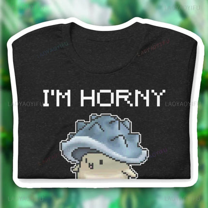 I'M HORNY! MapleStory Mushroom Joke TShirt Retro Pixel Style Gaming Harajuku Women T Shirt Casual Fashion Short Sleeve Man Tees