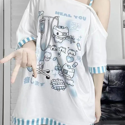Japanese Harajuku Sweet Graphic T Shirts Women Cat Print Summer Off shoulder Top Short-sleeve Oversize Tees Loose Casual T shirt
