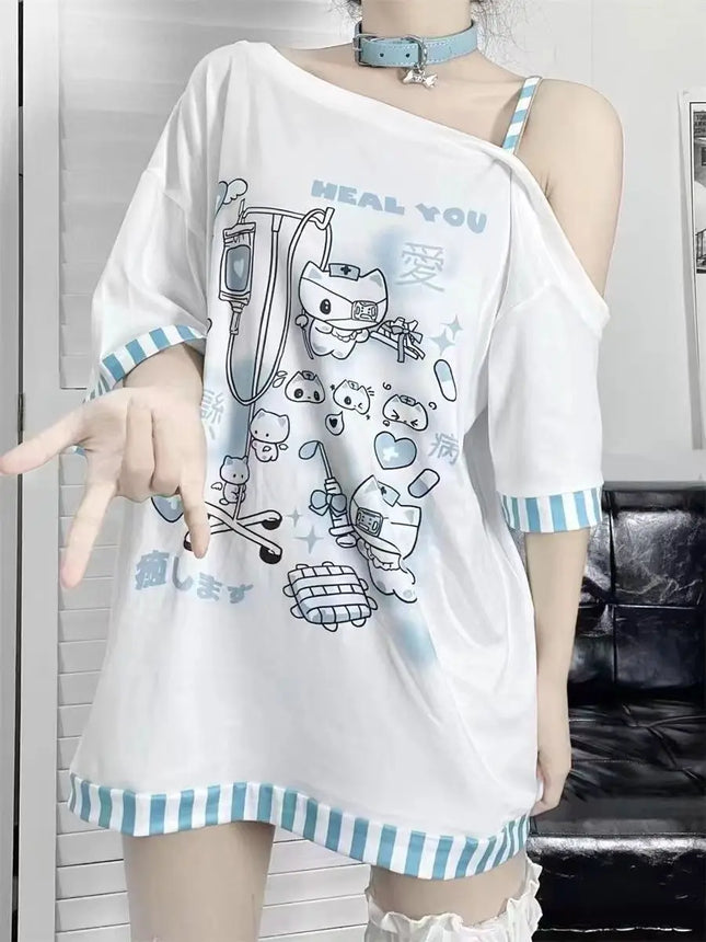 Japanische Harajuku Süße Grafik T-Shirts Damen Katzen-Print Sommer Schulterfreies Top Kurzarm Oversize Tees Locker Lässiges T-Shirt
