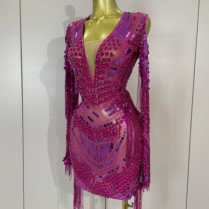 New Sparkly Diamonds Sequin Tassels Sexy Mesh Short Dress Women Evening Party Celebrate Birthday Nightclub Show Photo Shoot Wear