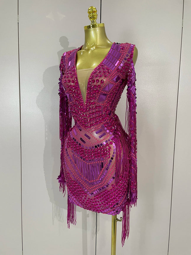 Neues glitzerndes Diamanten-Pailletten-Fransen-Kleid, sexy, aus Mesh, kurz, für Damen, Abendparty, Feier, Geburtstag, Nachtclub, Show, Fotoshooting