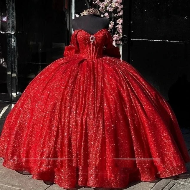 ANGELSBRIDEP Glitzernde rote Quinceanera-Kleider mit Schleife, schulterfrei, Kristalle, Perlenstickerei, Vestidos De 15 Anos, formelles Ballkleid