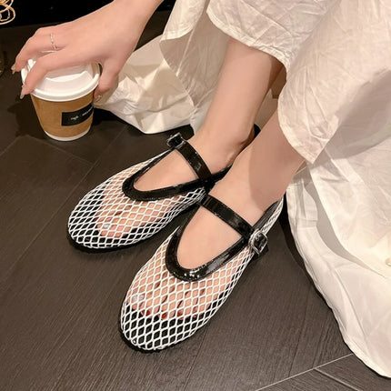 LeShion Of Chanmeb Brand Mesh Net Ballet Flats Shoes for Women Strap Buckle Breathable Cool Spring Summer INS Ballerina Shoes 43