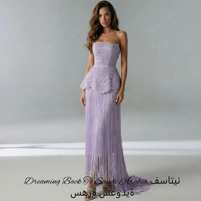 Exquisite Quasten und Perlen Vestido De Festa Maßgeschneidertes trägerloses Spitzen-Abendkleid Klassisches gerades ärmelloses Robe de soirée