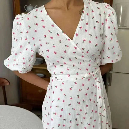 Summer Women Psrinted Dress Lace Up Short Sleeve Fashion Office Lady Long Dress 100% Cotton Daily Casual V-neck Dress ZAM8