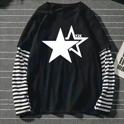 Women Star Y2K Print Graphic Fake Two Long Sleeved T-shirts Fashion Gothic Retro Casual Loose Fake Two Long Sleeved T Shirt