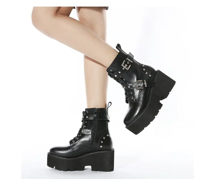 New sexy High heels Fashion Ankle Boots For Women High Heels Casual Cut-outs Buckle Round Toe Chain Thick Heels Platform Shoes
