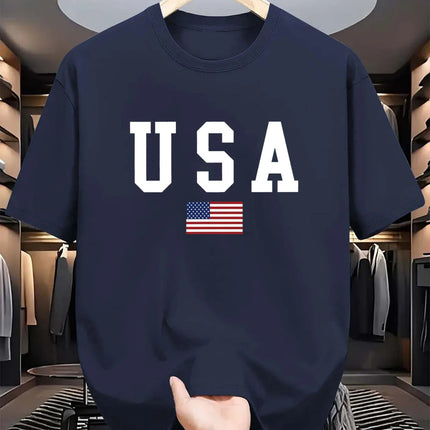 Men's summer 100% cotton fashionable casual loose fit USA American National Flag Graphic round neck short sleeved T-shirt top
