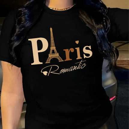 Paris Letter Print T-shirt, Short Sleeve Crew Neck Casual Top For Summer & Spring, Women's Clothing
