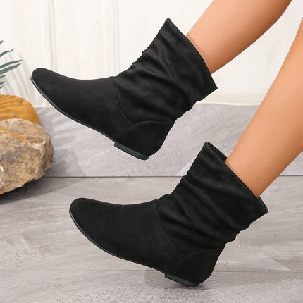 Short Boots Women's White New Pleated Women's Boots Flat Bottomed Versatile Woman Boots Large Size Woman Booties