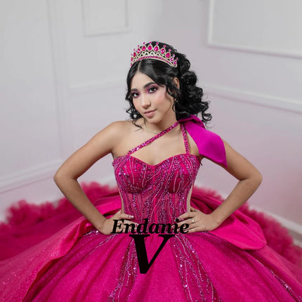 Vendanie Exquisite Beadings Quinceanera Dresses for Girls One Shoulder Bow Corset Illusion Pleat Vestidos De 15 Plus Customized