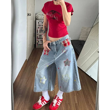 Women's Pants Baggy Cropped Denim Jeans Vintage Star Patch Loose Fit High Rise Casual Summer Style