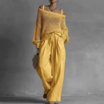Off Shoulder Hollow Knit Womens Pants Set Long Sleeve Wide Leg Pants Outfit Casual Loose Summer Beach Vacation Pants Set Woman